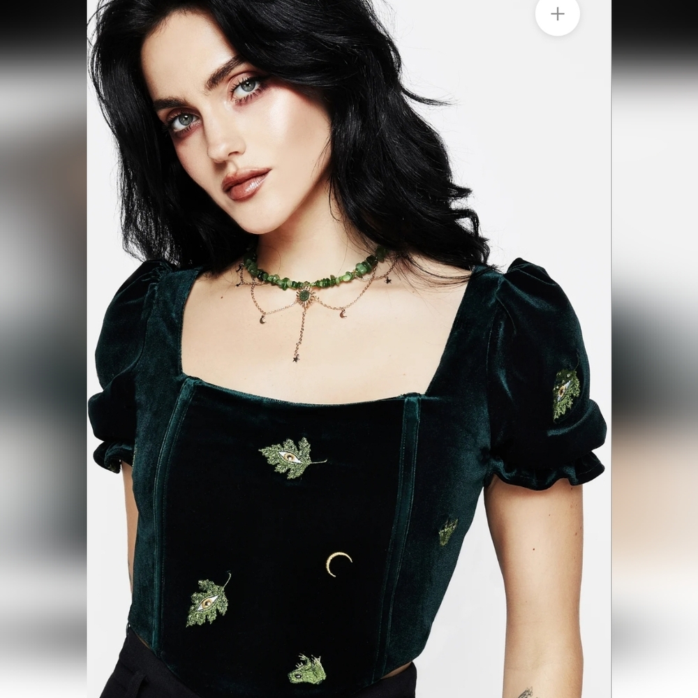 Disturbia Swamplife Frog Embroidered Velour Puff Sleeve Corset Top Dark Green
